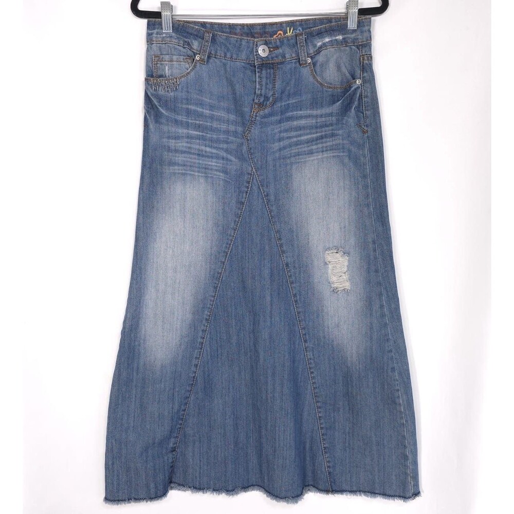 MUDD Jean Skirt Vintage Juniors 5 Faded Distressed Raw‎ Hem Long Ankle Maxi Y2K